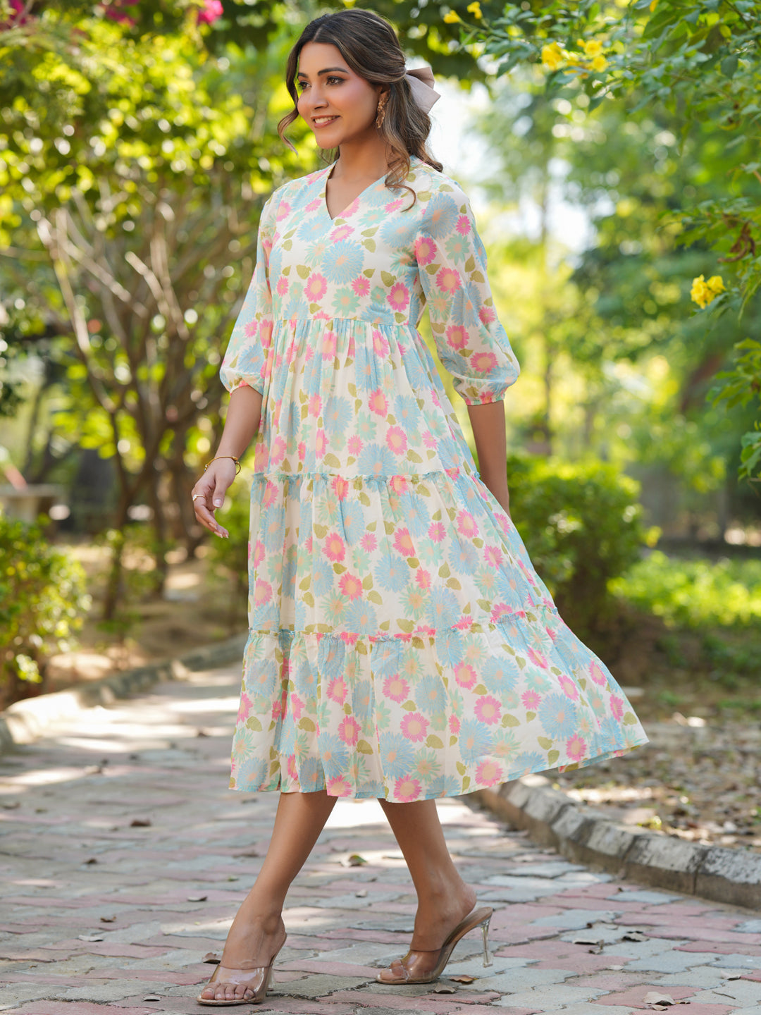Janasya Bright Georgette Floral Tiered Dress 