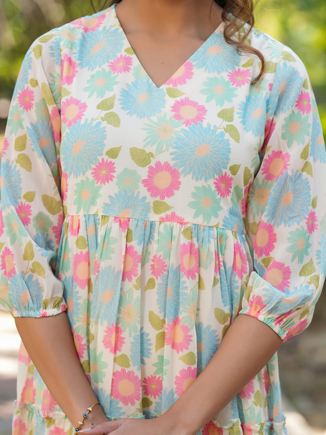 Janasya Bright Georgette Floral Tiered Dress 