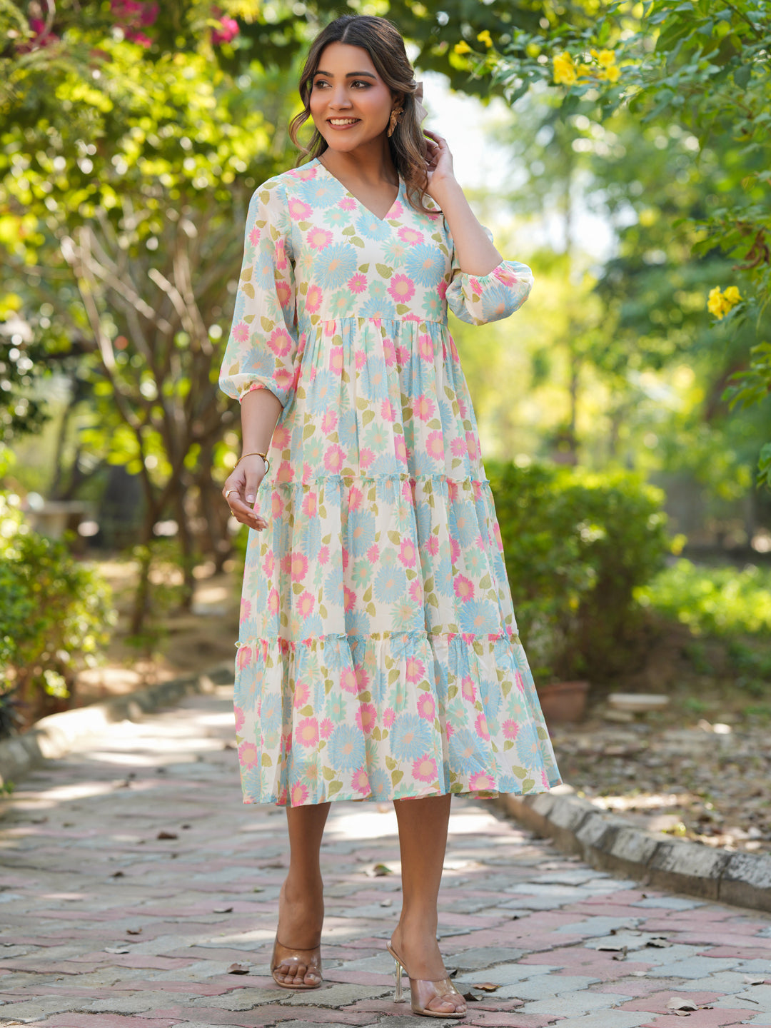 Janasya Bright Georgette Floral Tiered Dress 