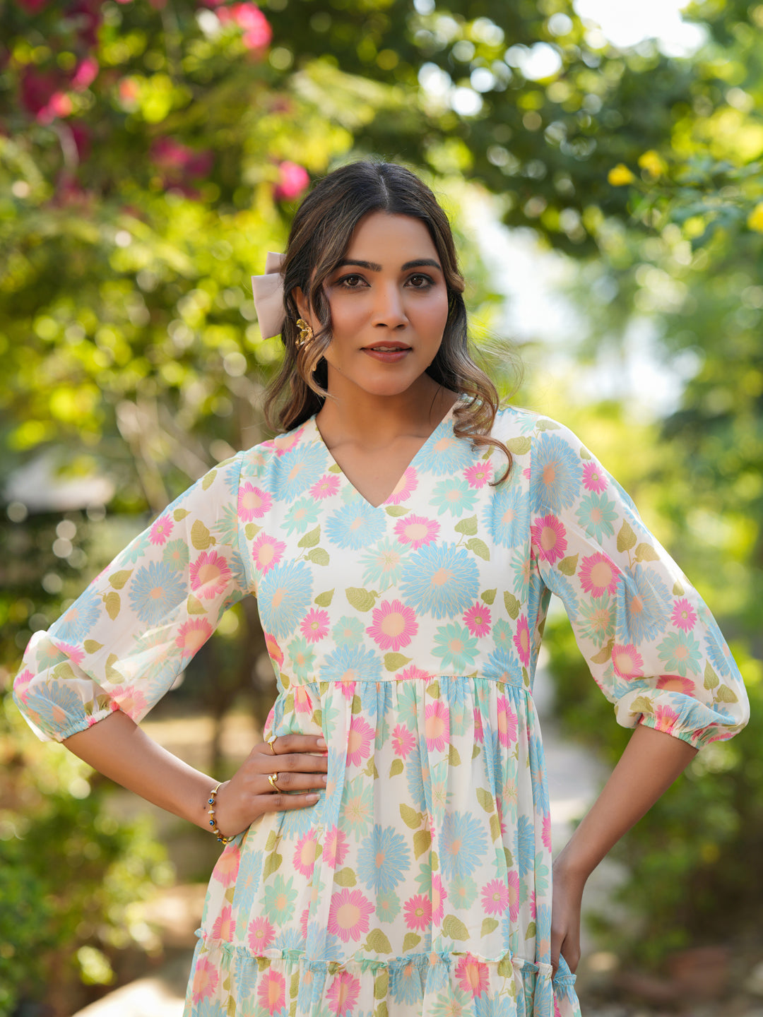 Janasya Bright Georgette Floral Tiered Dress 