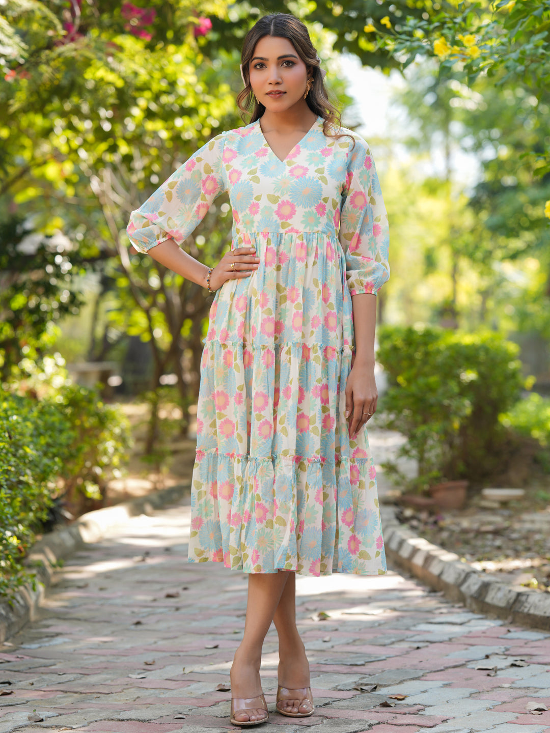 Janasya Bright Georgette Floral Tiered Dress 