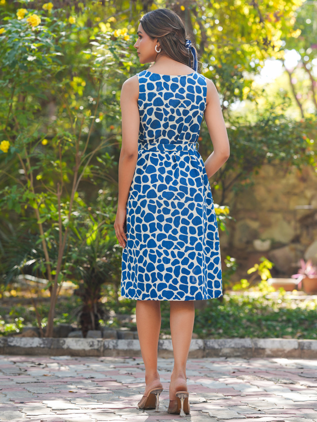Janasya Dark Cotton Abstract A-Line Dress 