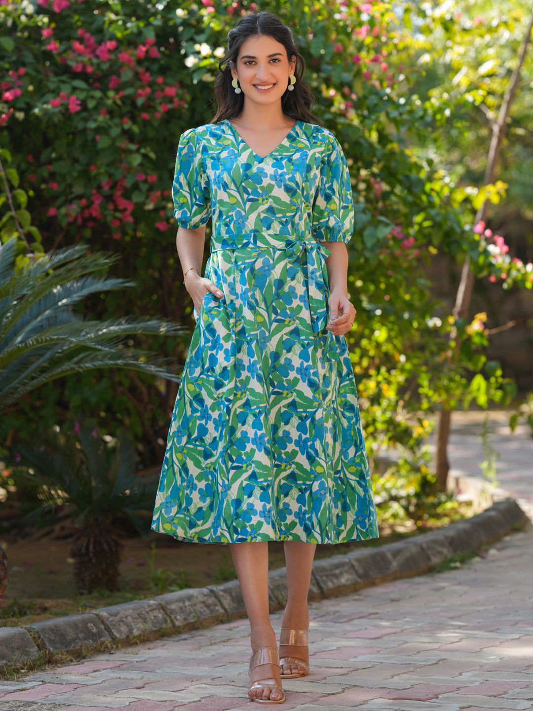 Janasya Bright Cotton Floral Fit & Flare Dress 