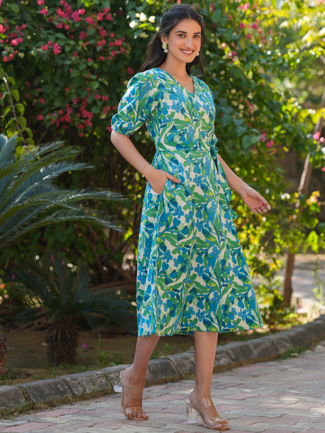 Janasya Bright Cotton Floral Fit & Flare Dress 