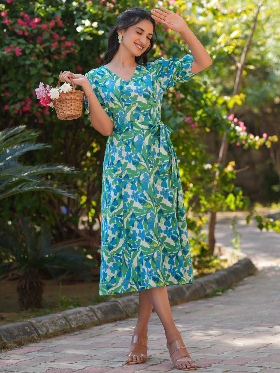 Janasya Bright Cotton Floral Fit & Flare Dress 