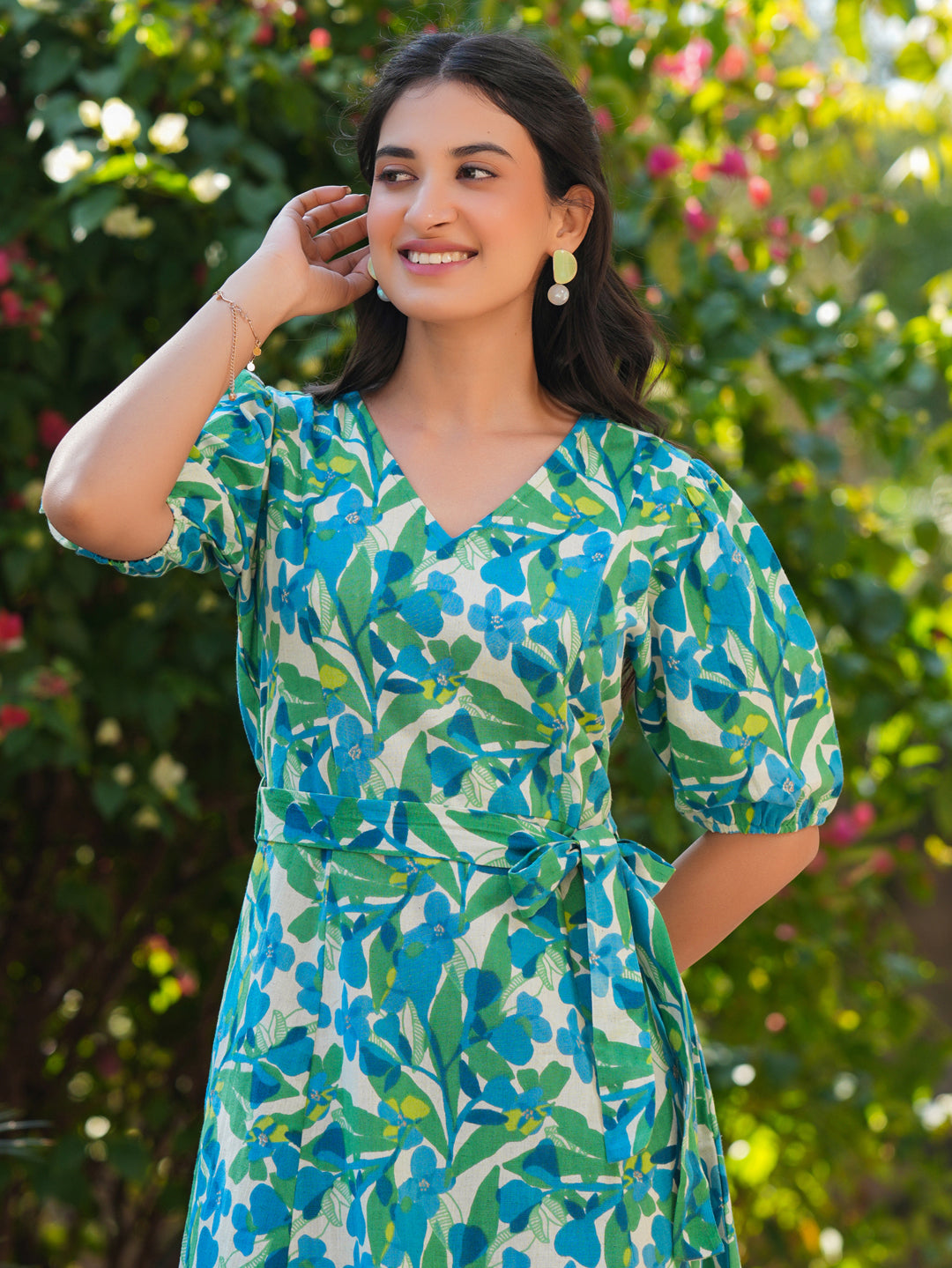 Janasya Bright Cotton Floral Fit & Flare Dress 
