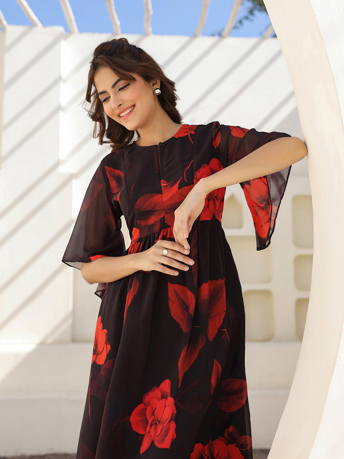 Janasya Dark Georgette Floral A-Line Dress 