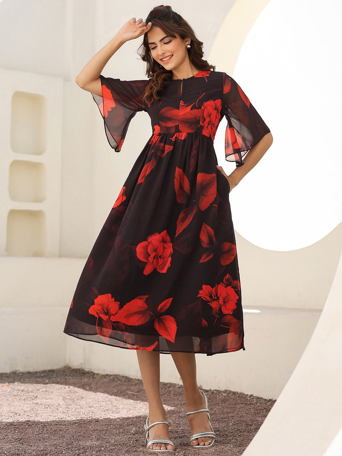 Janasya Dark Georgette Floral A-Line Dress 