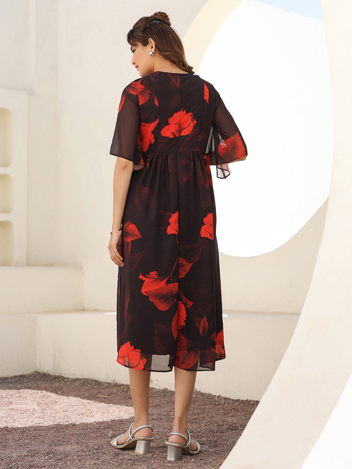 Janasya Dark Georgette Floral A-Line Dress 