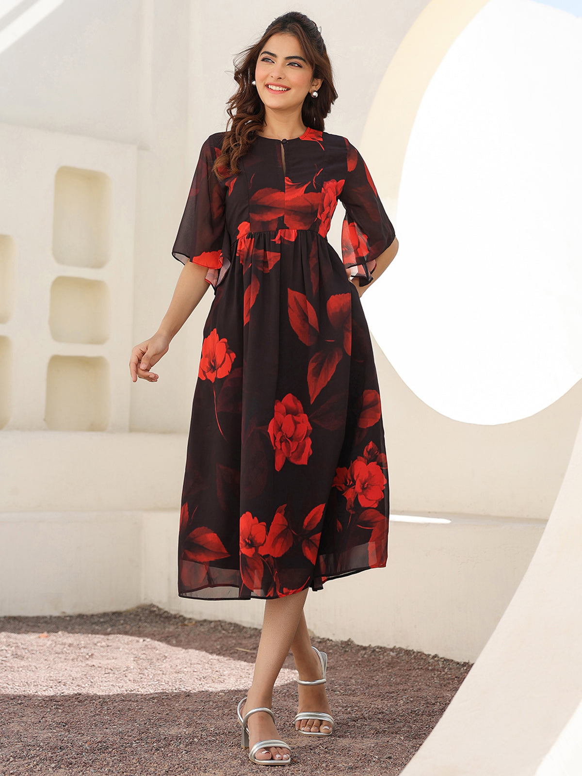 Janasya Dark Georgette Floral A-Line Dress 