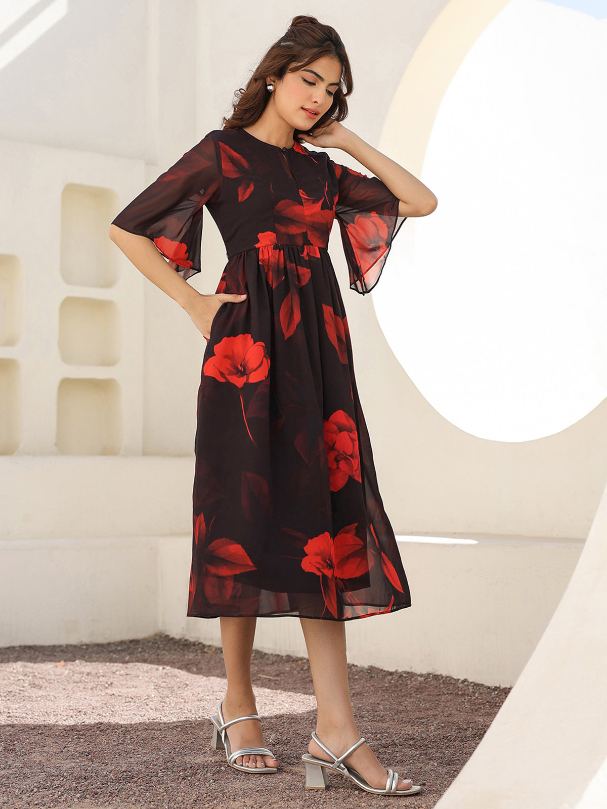 Janasya Dark Georgette Floral A-Line Dress 