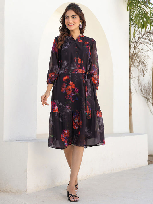 Janasya Dark Georgette Floral Tiered Dress 