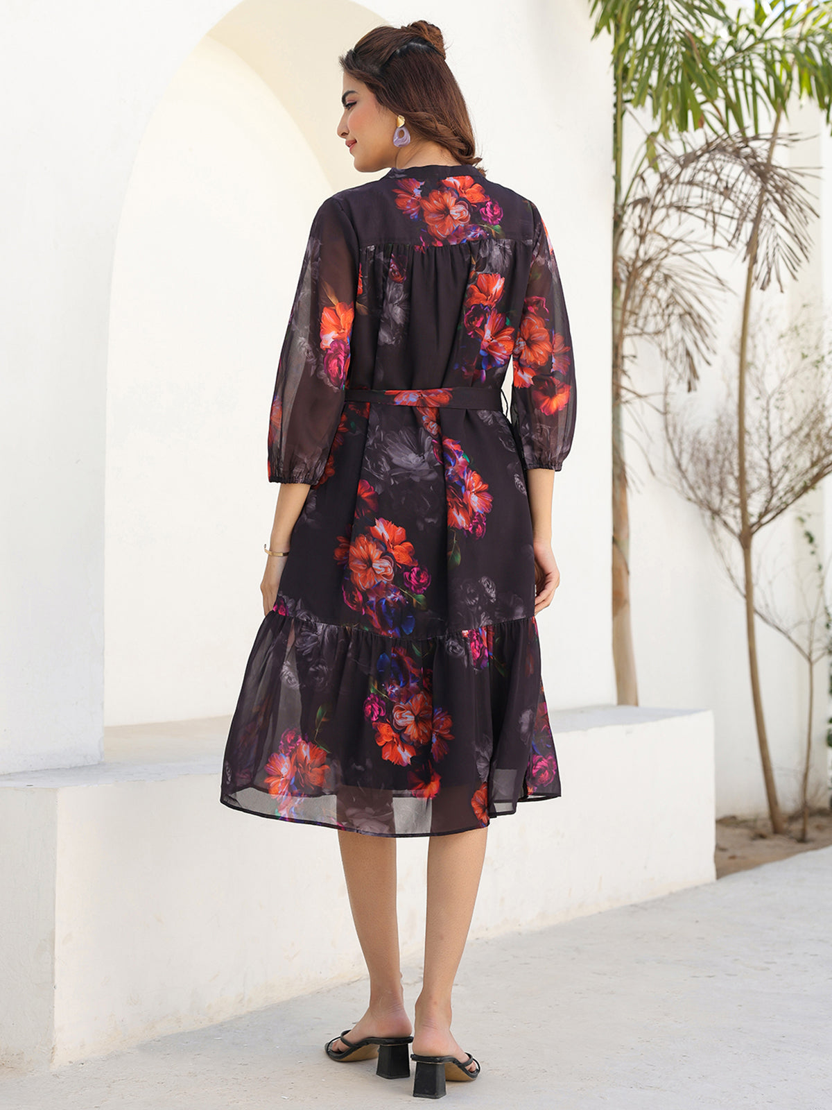Janasya Dark Georgette Floral Tiered Dress 