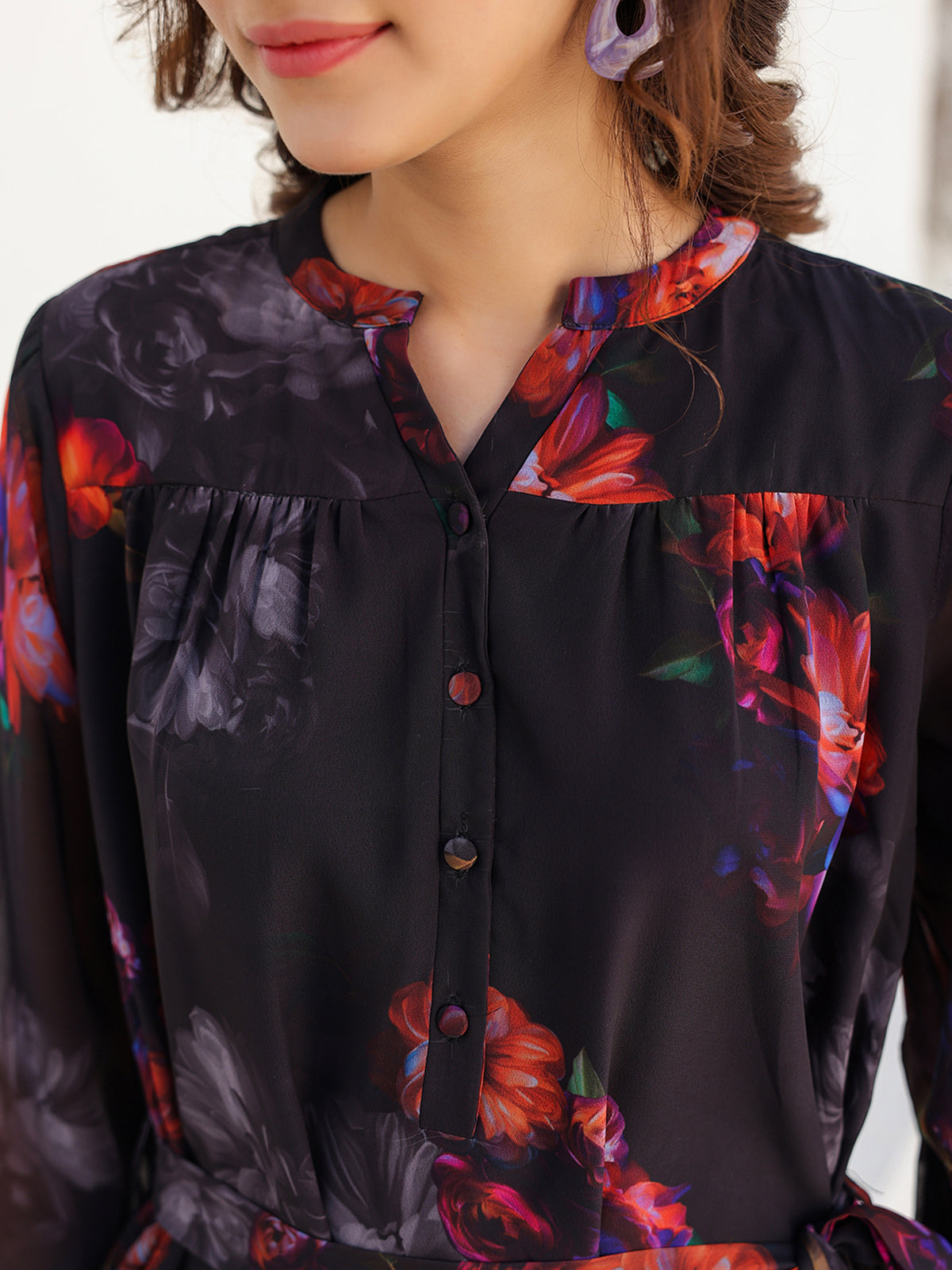 Janasya Dark Georgette Floral Tiered Dress 