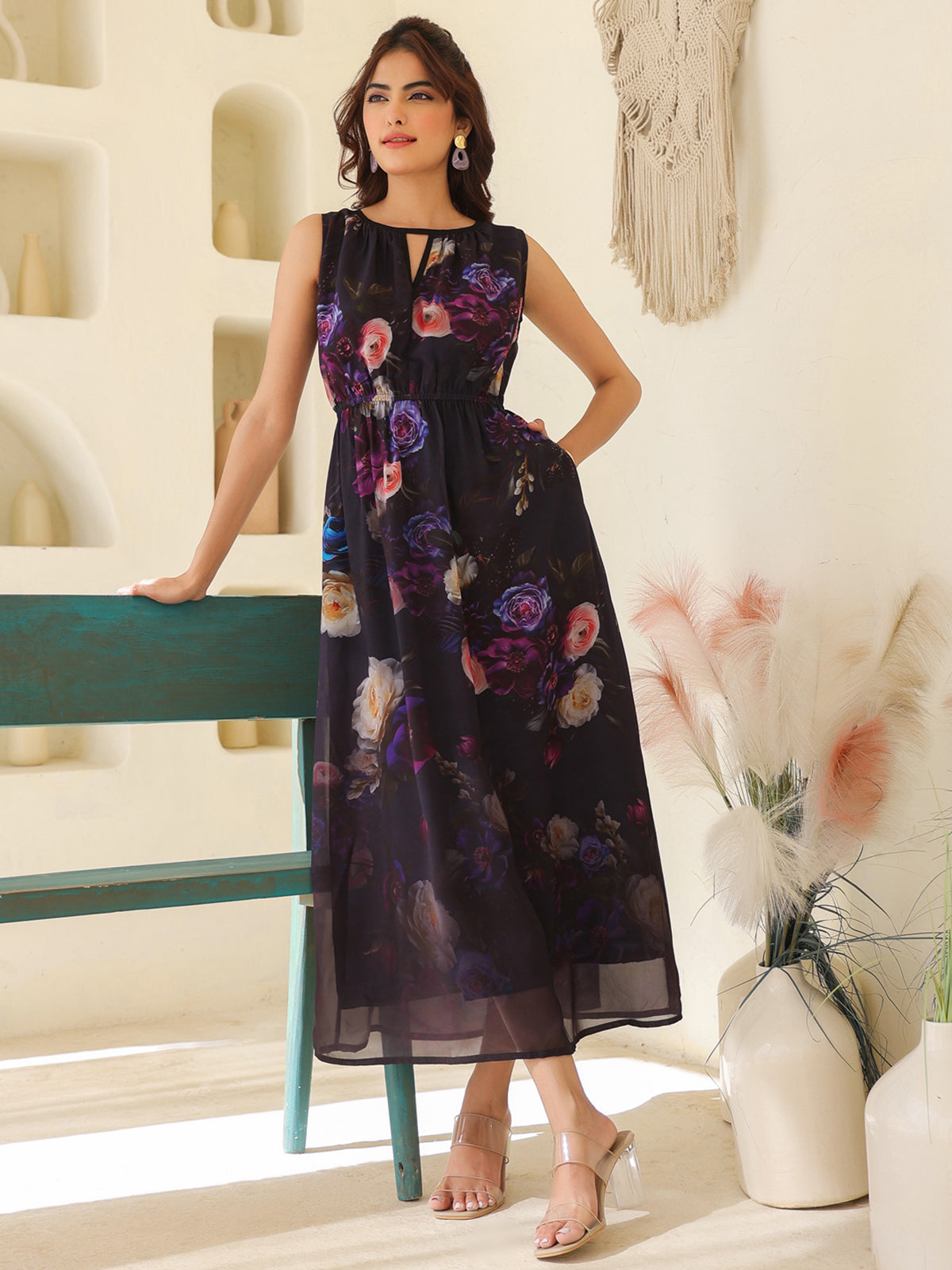 Janasya Dark Georgette Floral Gathered Dress 
