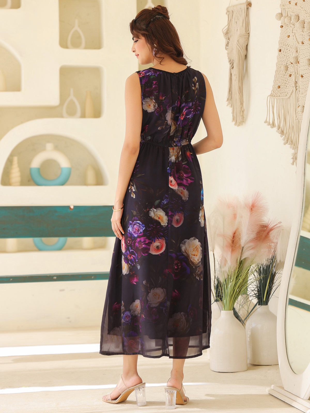 Janasya Dark Georgette Floral Gathered Dress 