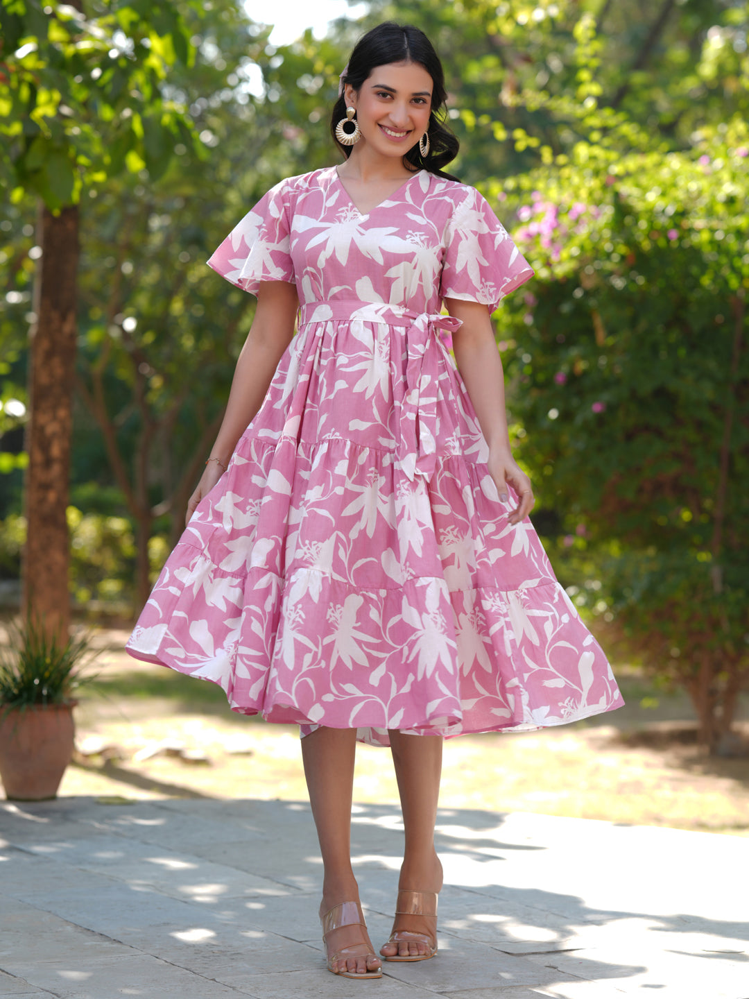 Janasya Light Cotton Floral Tiered Dress 
