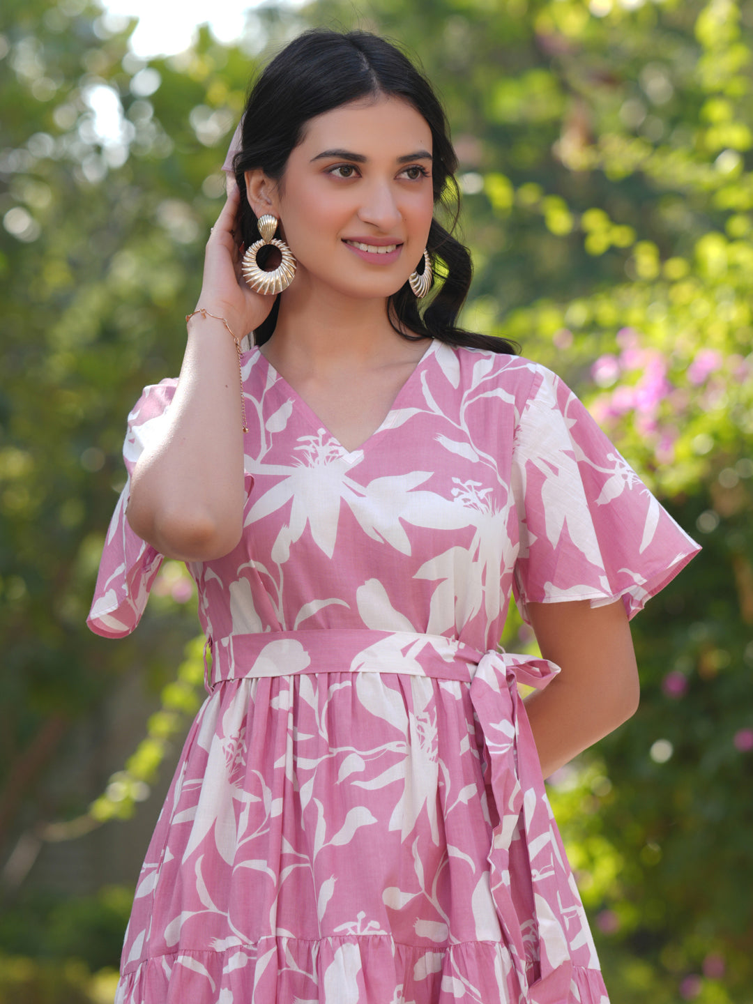 Janasya Light Cotton Floral Tiered Dress 