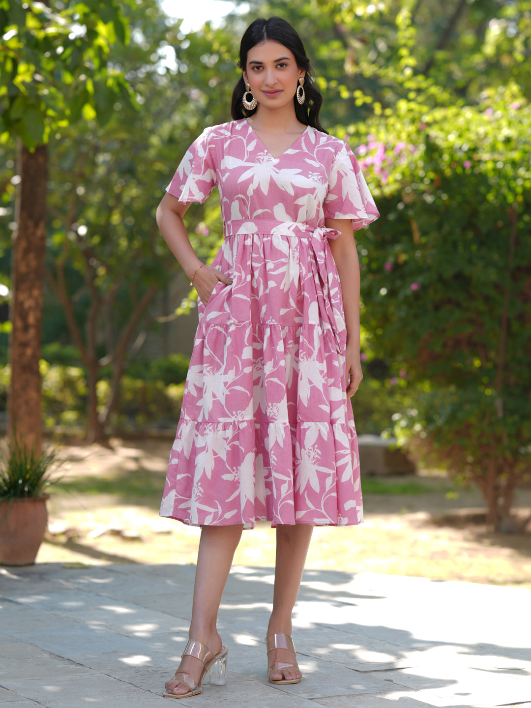 Janasya Light Cotton Floral Tiered Dress 