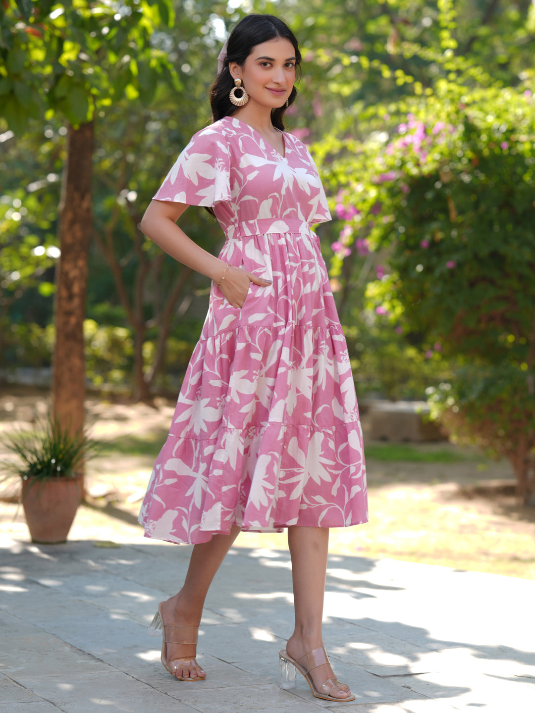 Janasya Light Cotton Floral Tiered Dress 