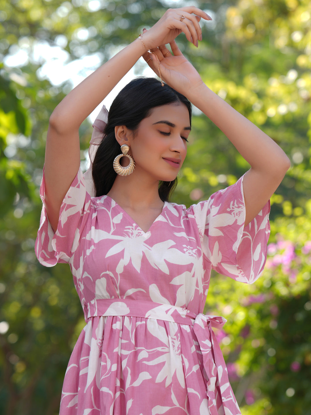 Janasya Light Cotton Floral Tiered Dress 