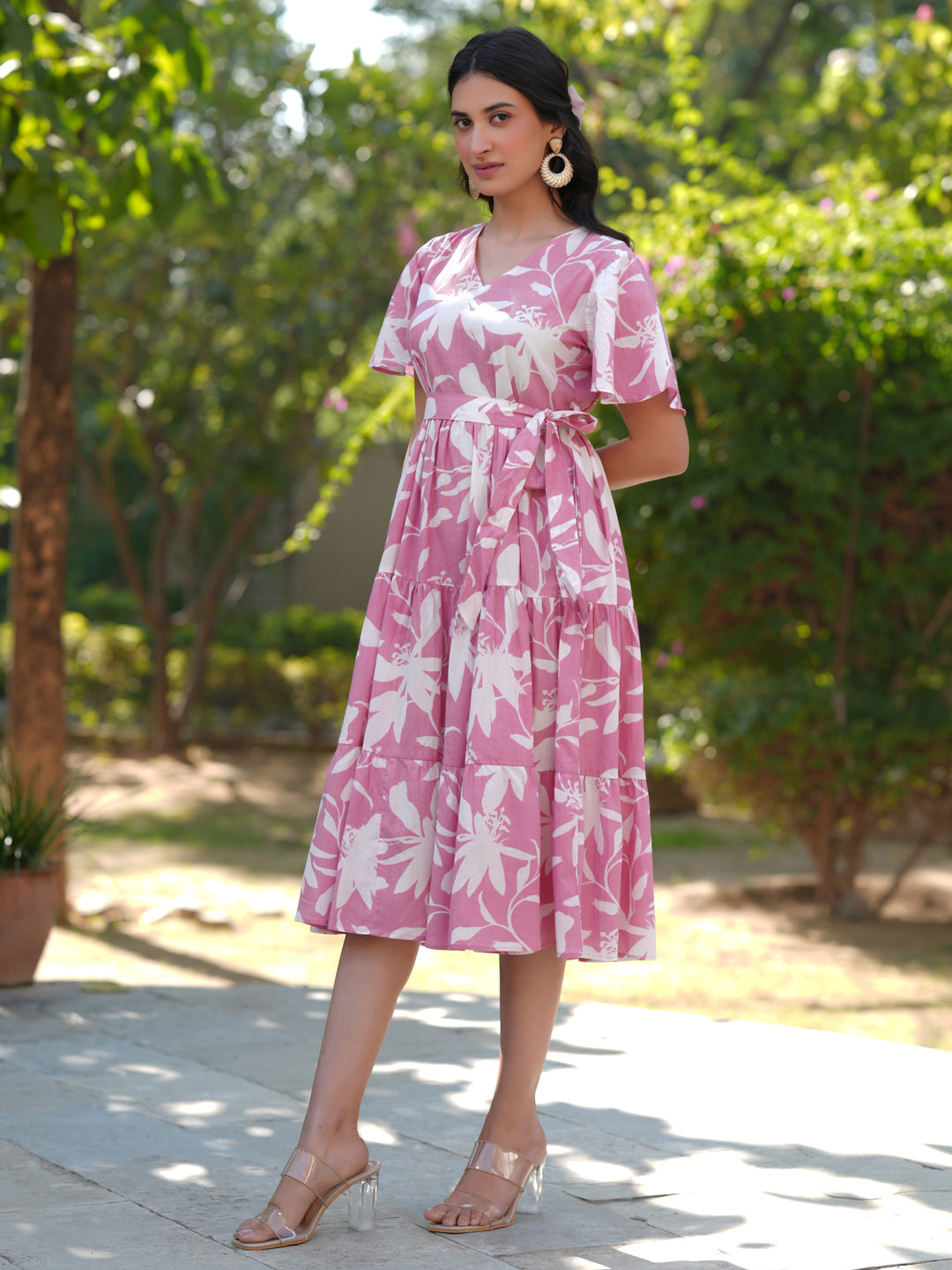 Janasya Light Cotton Floral Tiered Dress 