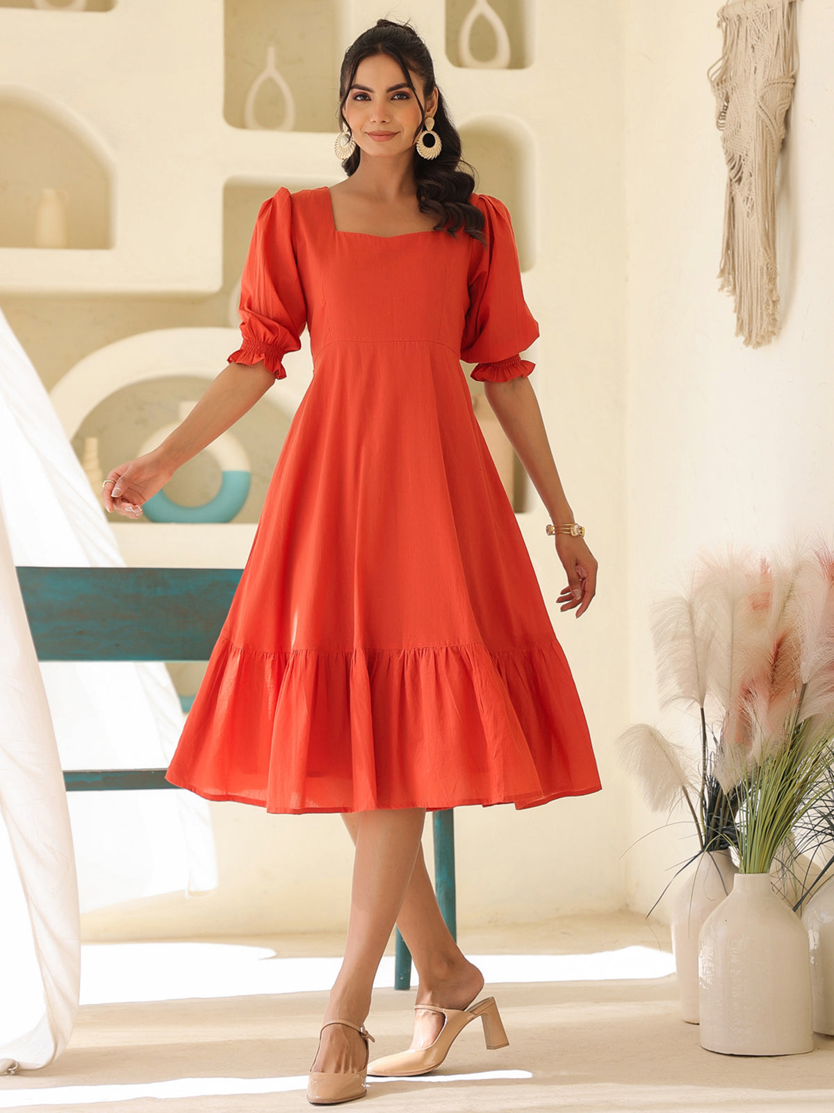 Janasya Light Cotton Solid A-Line Dress 