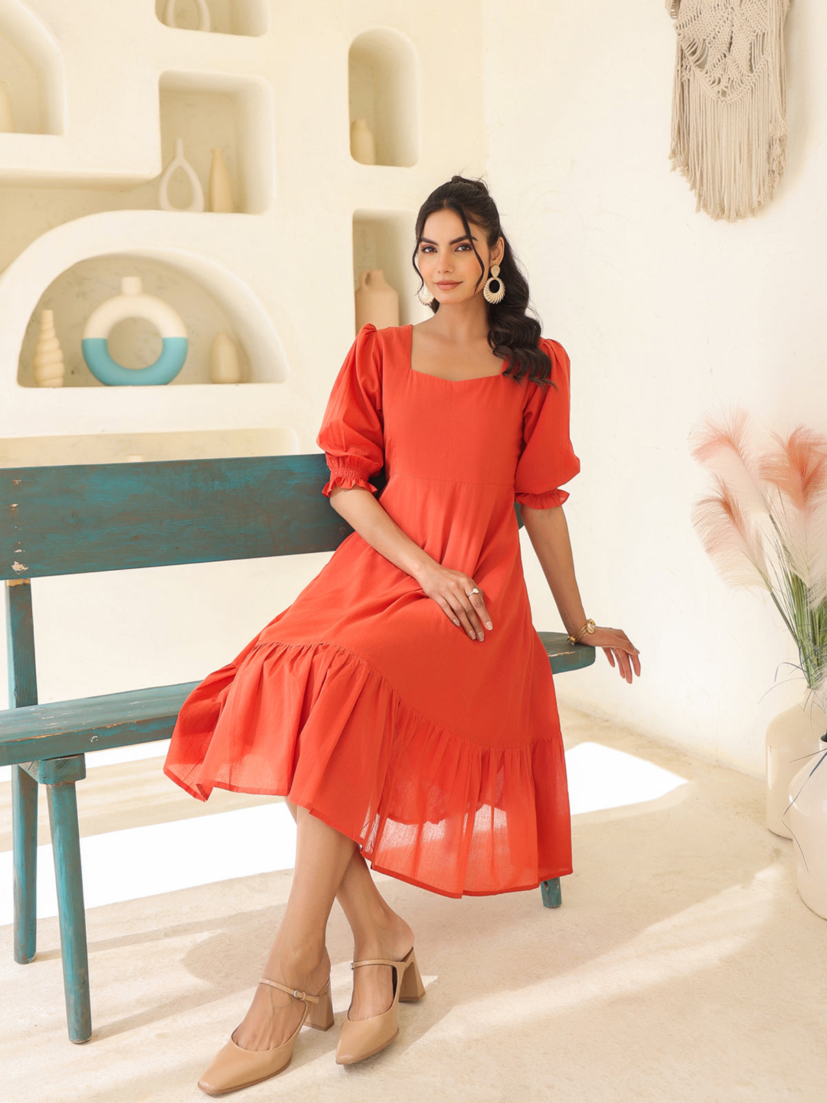 Janasya Light Cotton Solid A-Line Dress 