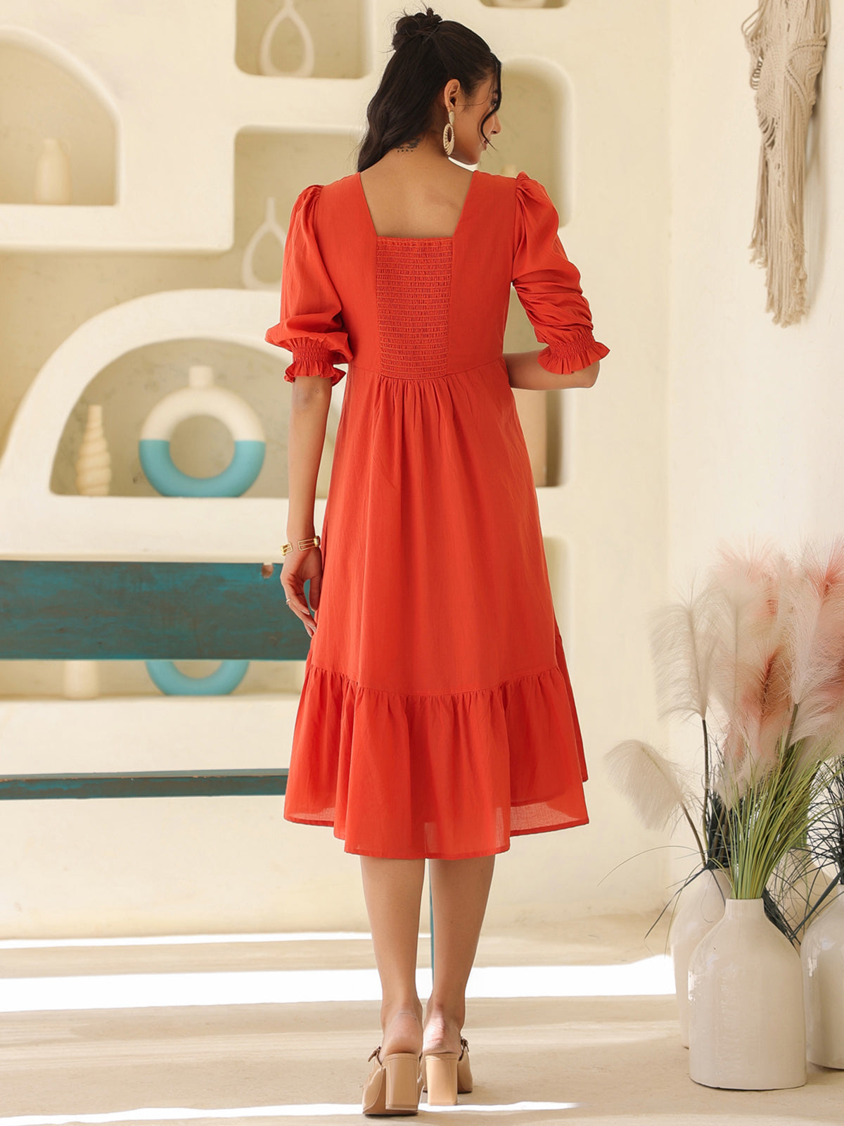 Janasya Light Cotton Solid A-Line Dress 