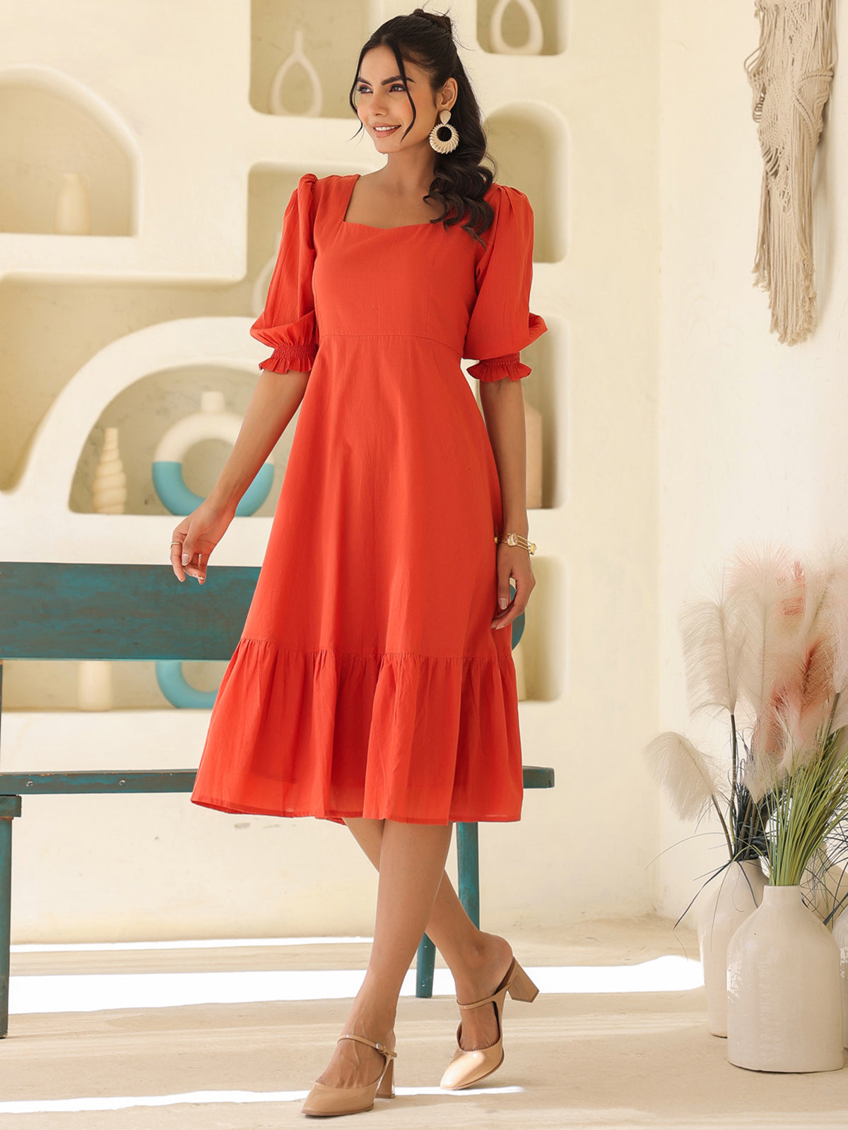 Janasya Light Cotton Solid A-Line Dress 