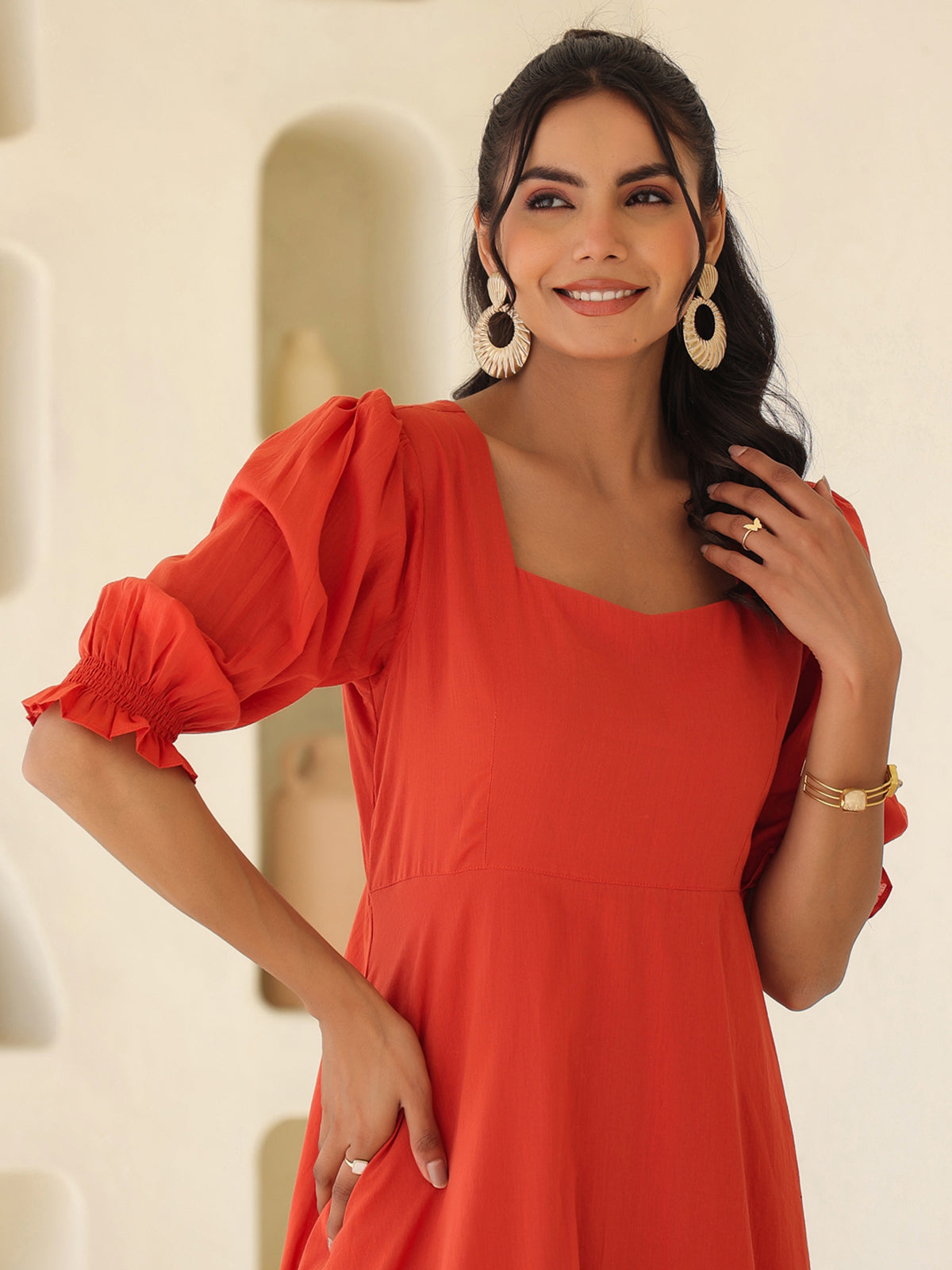 Janasya Light Cotton Solid A-Line Dress 