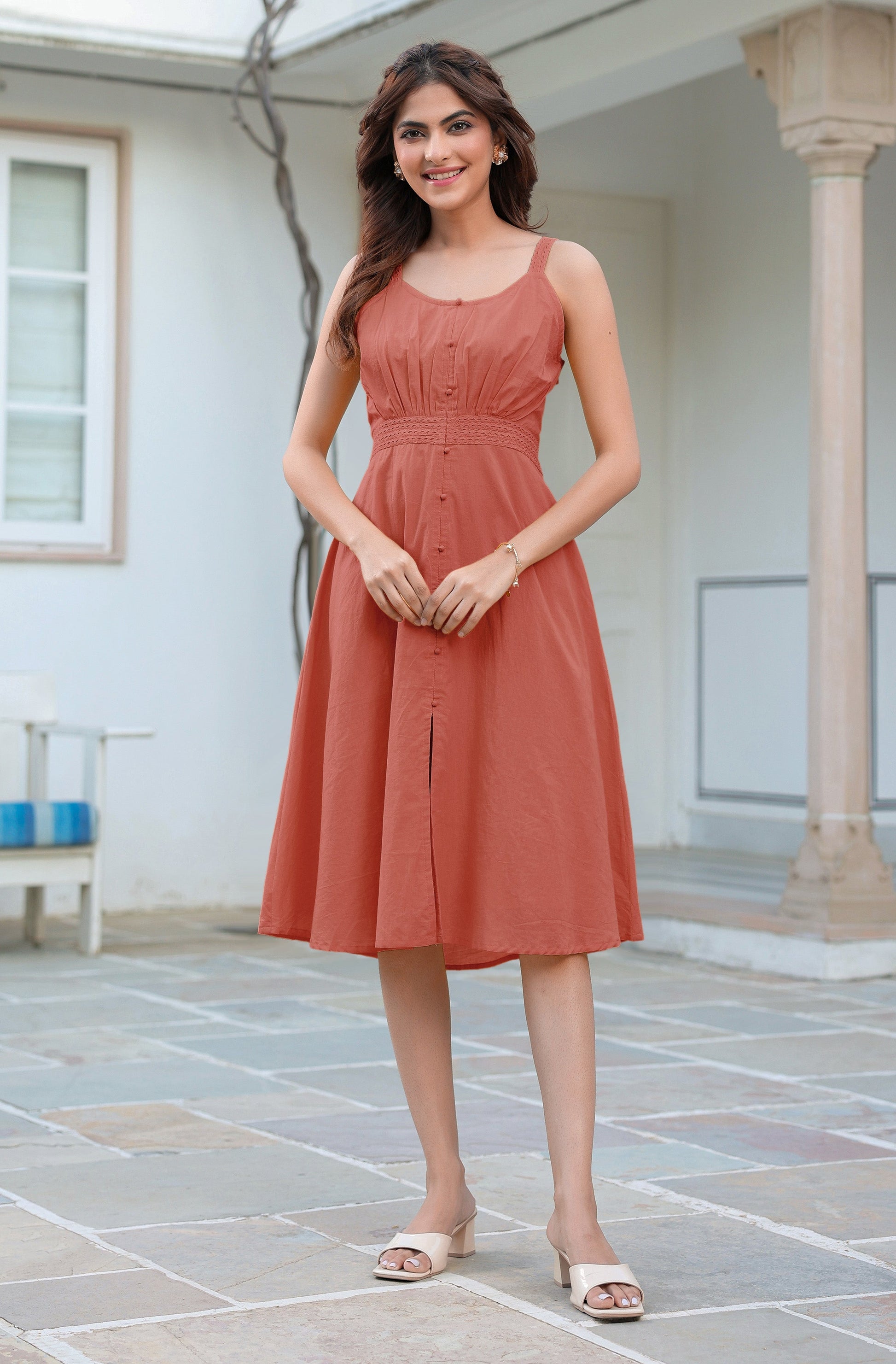 Janasya Dark Cotton Solid A-Line Dress 