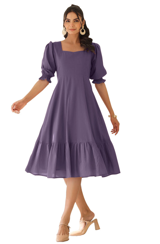 Janasya Light Cotton Solid A-Line Dress 
