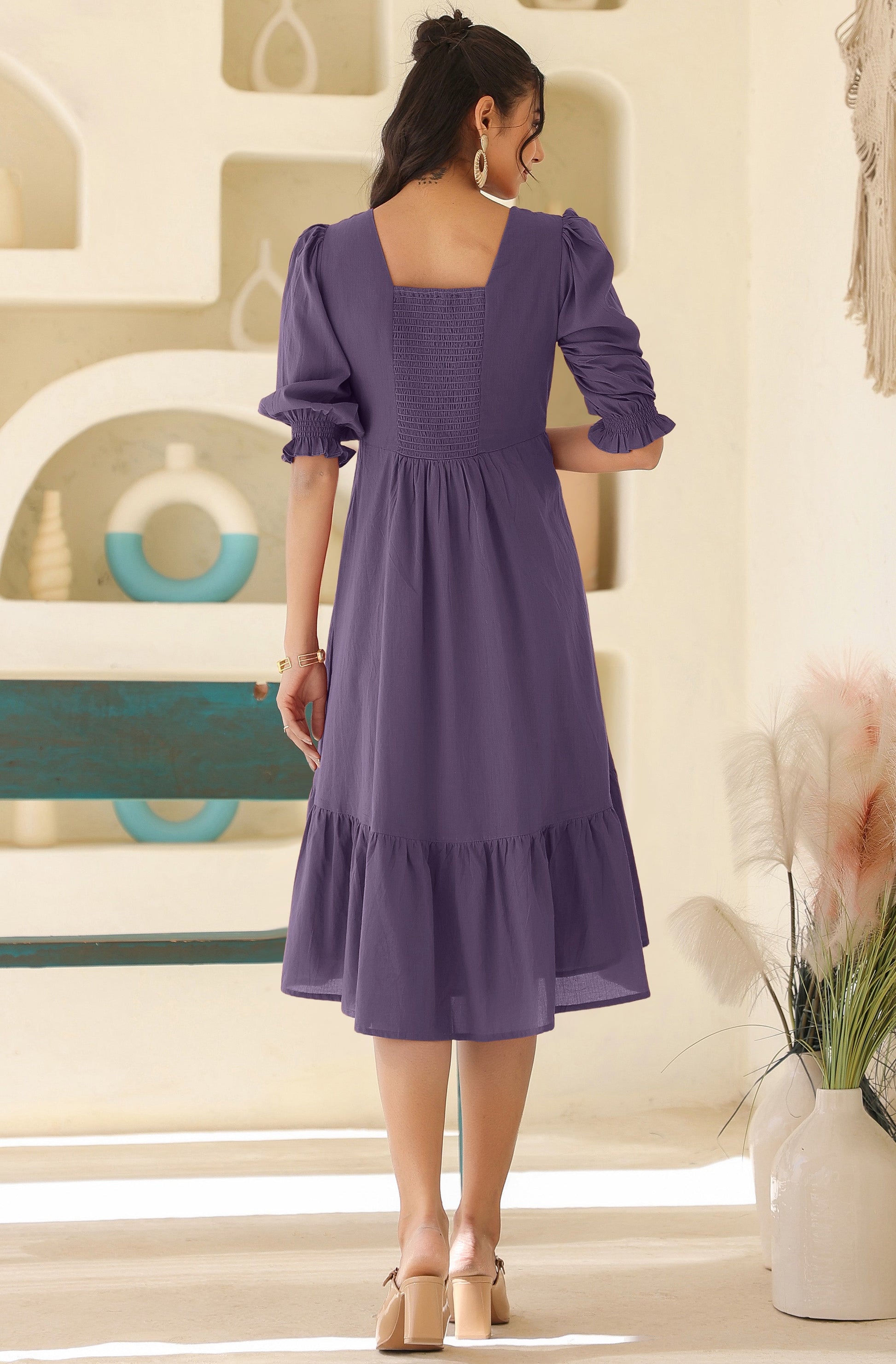 Janasya Light Cotton Solid A-Line Dress 