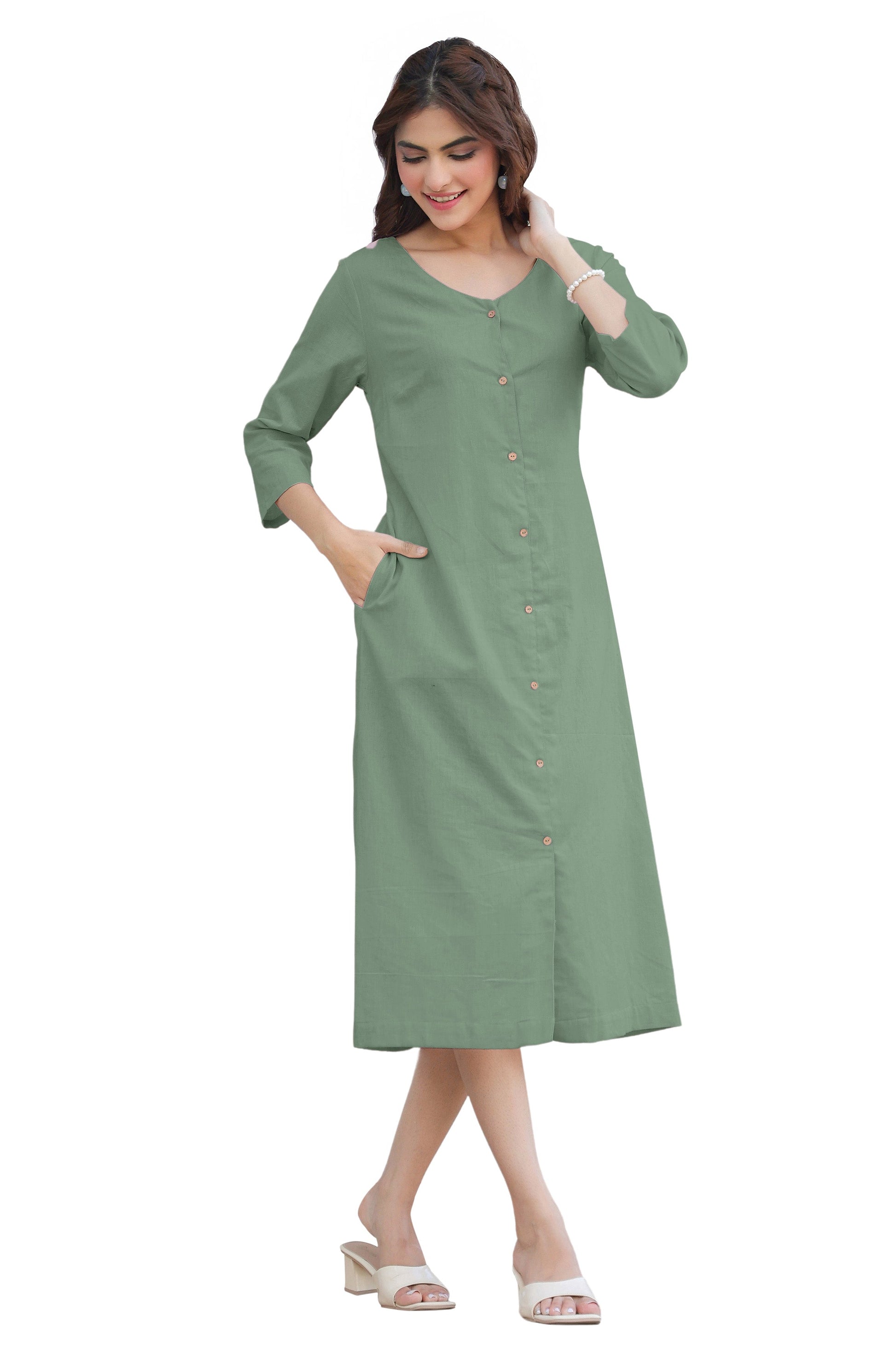 Janasya Light Cotton Solid Straight Dress 