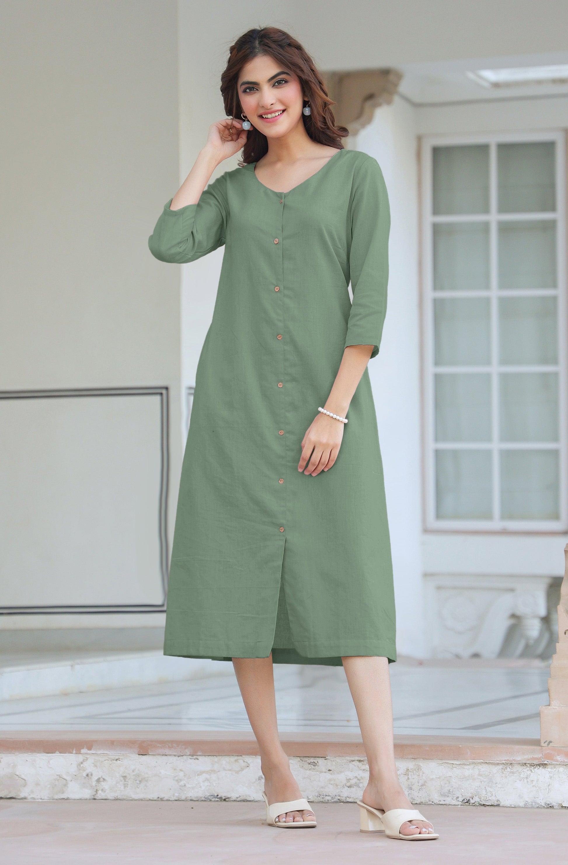 Janasya Light Cotton Solid Straight Dress 