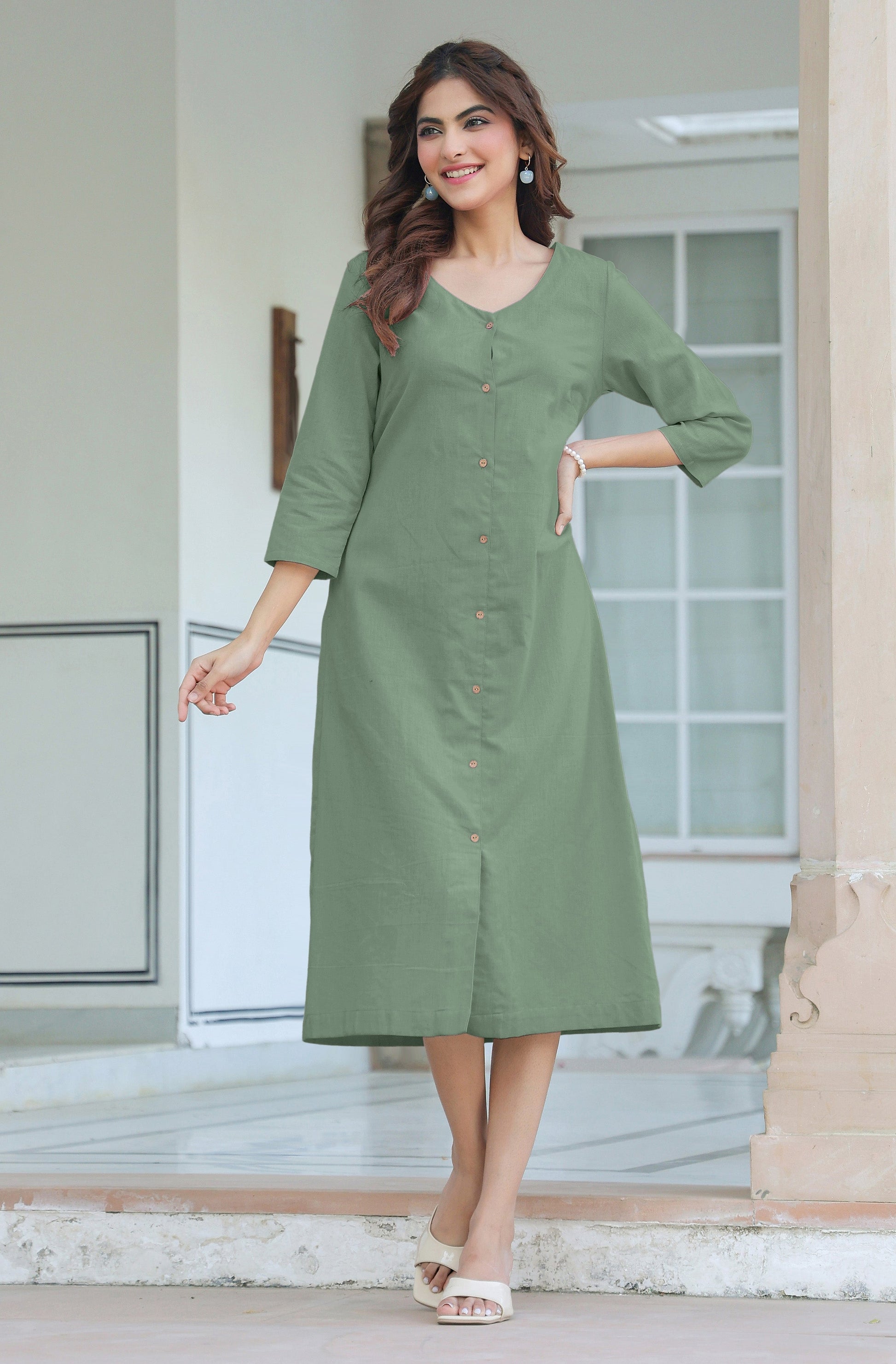 Janasya Light Cotton Solid Straight Dress 