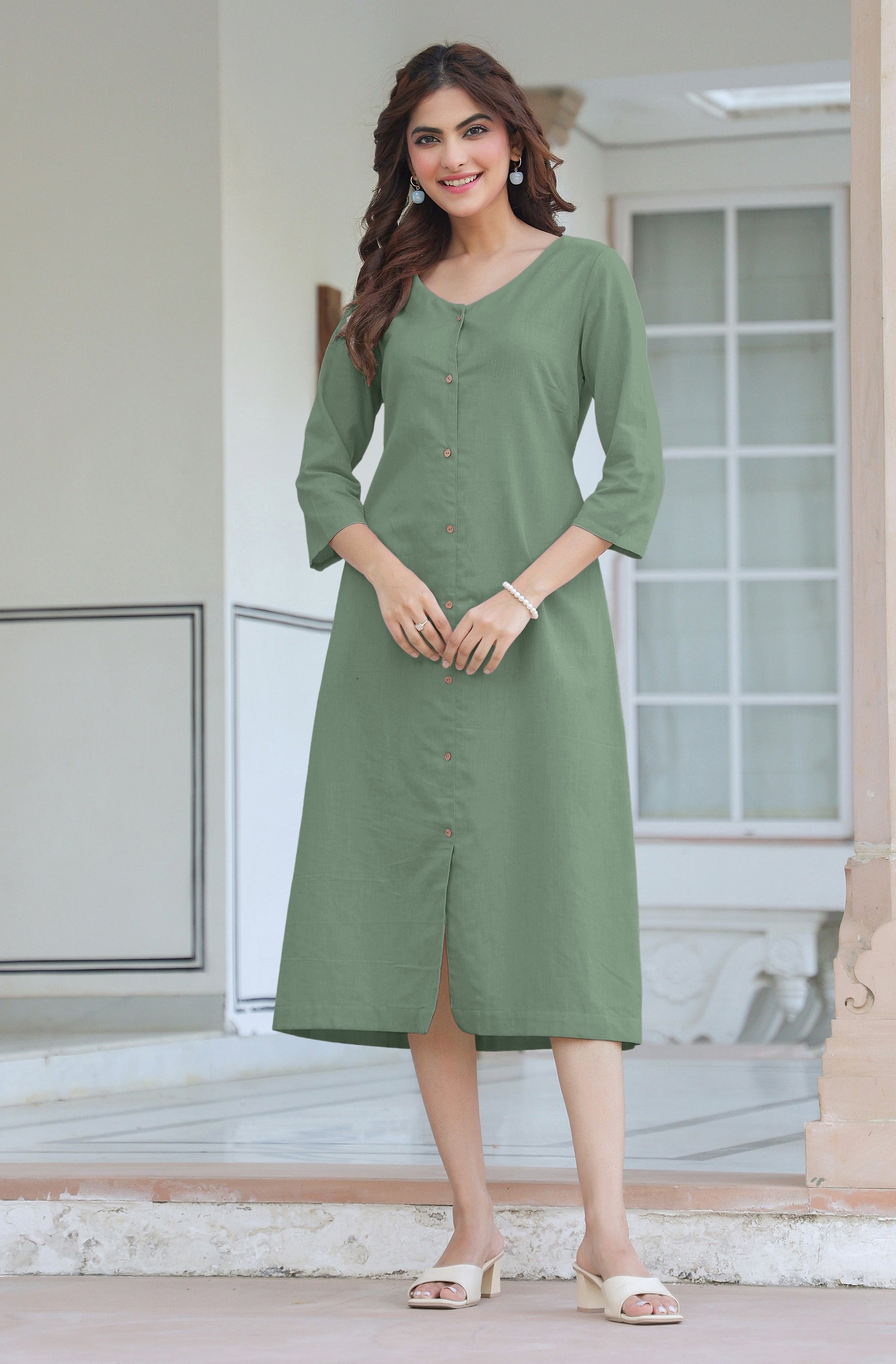 Janasya Light Cotton Solid Straight Dress 