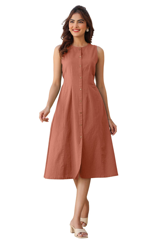 Janasya Dark Cotton Solid A-Line Dress 