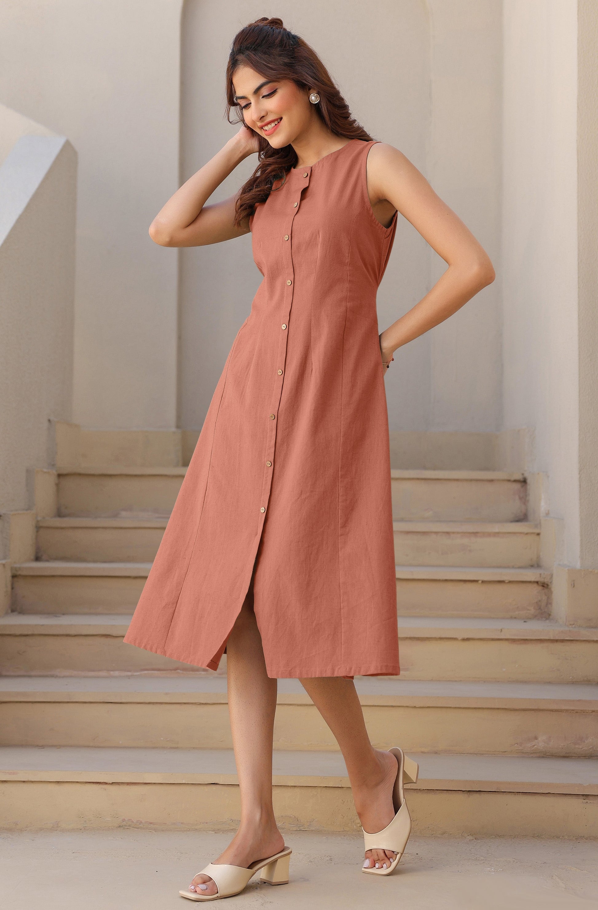 Janasya Dark Cotton Solid A-Line Dress 