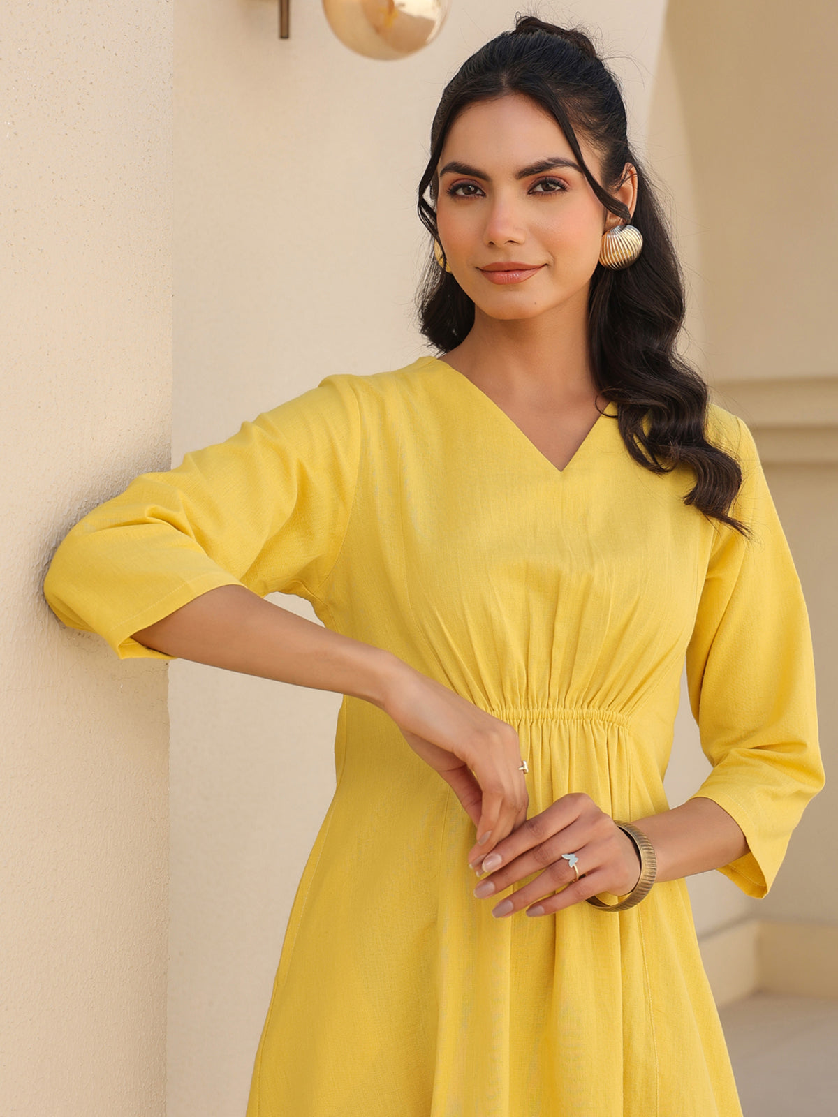 Janasya Bright Cotton Solid A-Line Dress 