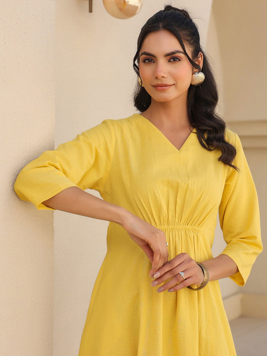 Janasya Bright Cotton Solid A-Line Dress 