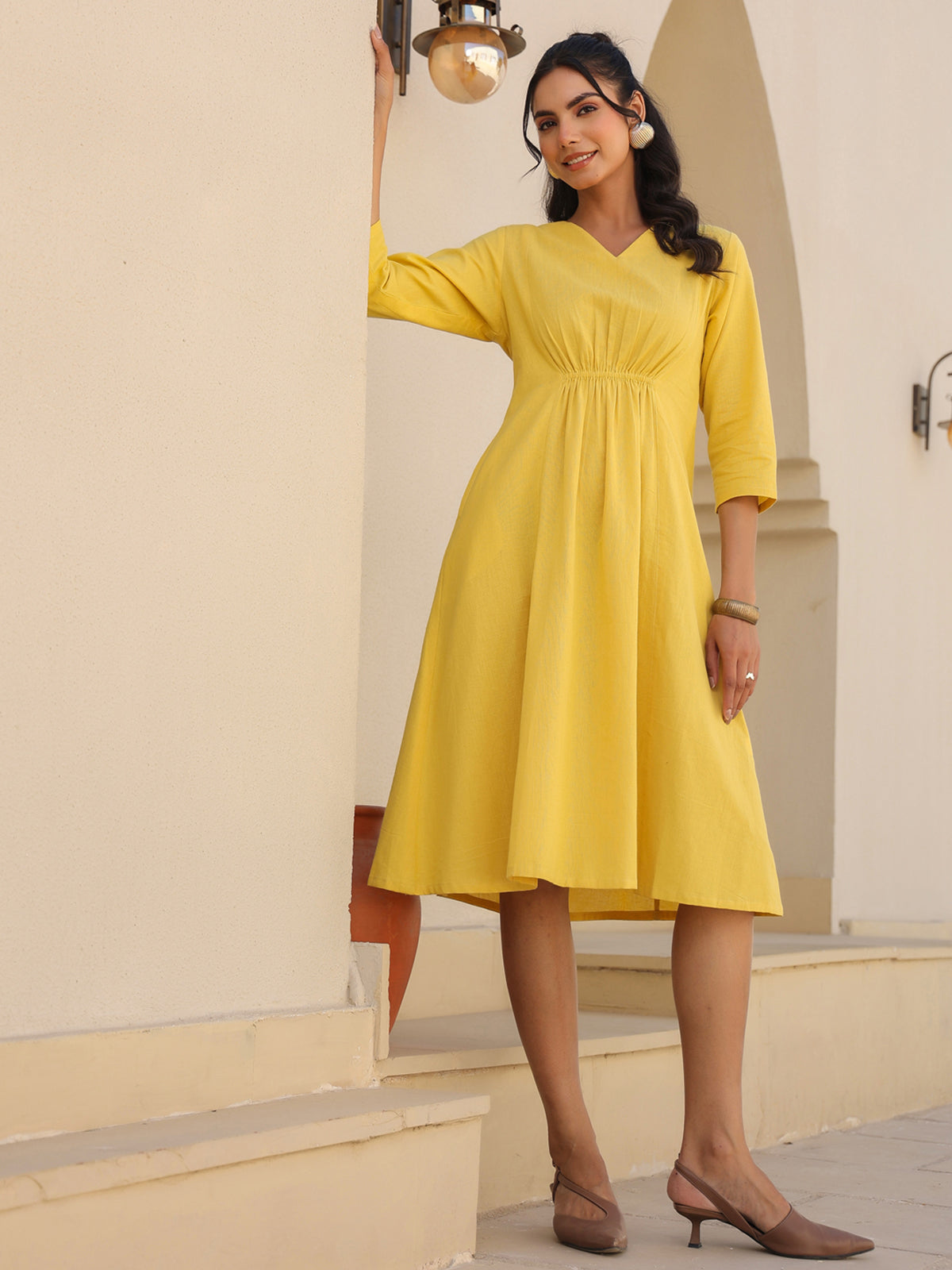 Janasya Bright Cotton Solid A-Line Dress 