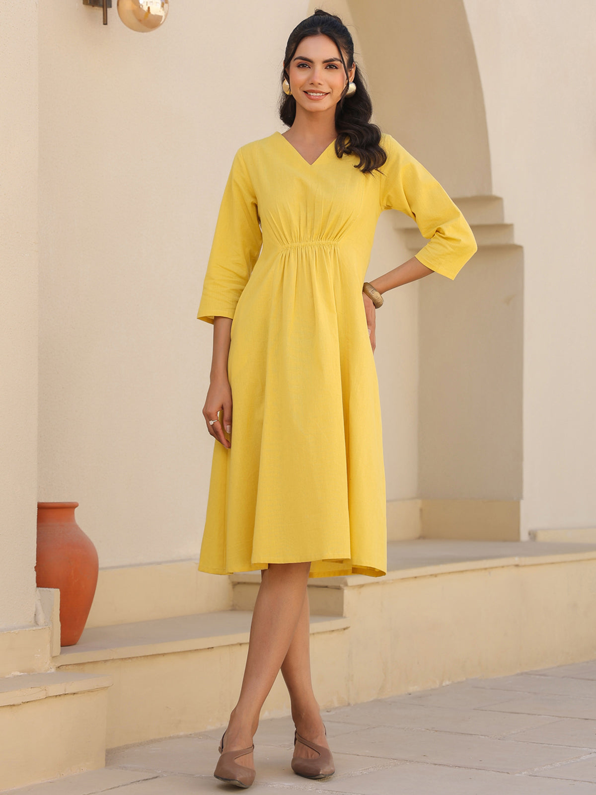 Janasya Bright Cotton Solid A-Line Dress 