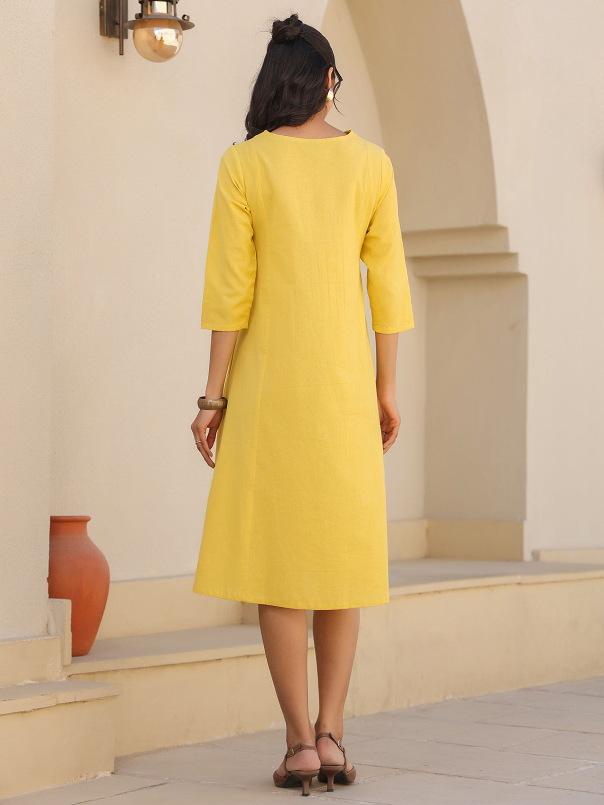 Janasya Bright Cotton Solid A-Line Dress 
