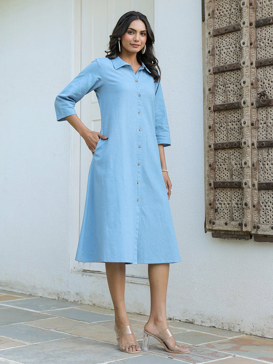 Janasya Light Cotton Solid A-Line Dress 