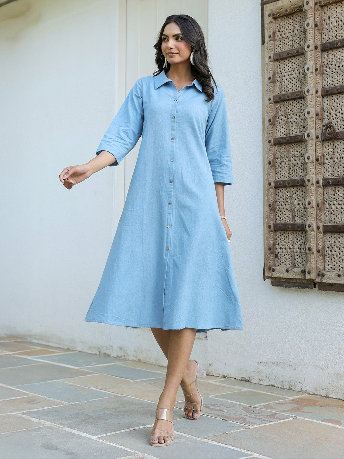 Janasya Light Cotton Solid A-Line Dress 