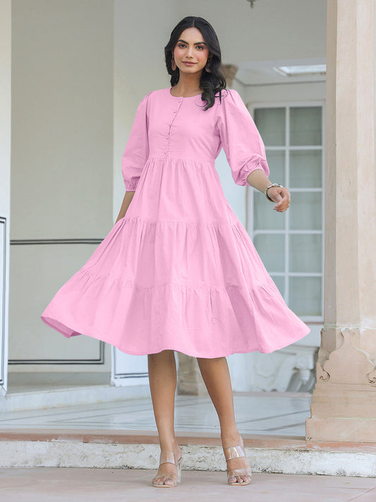 Janasya Bright Cotton Solid Tiered Dress 