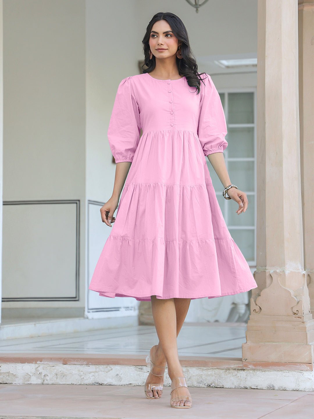 Janasya Bright Cotton Solid Tiered Dress 