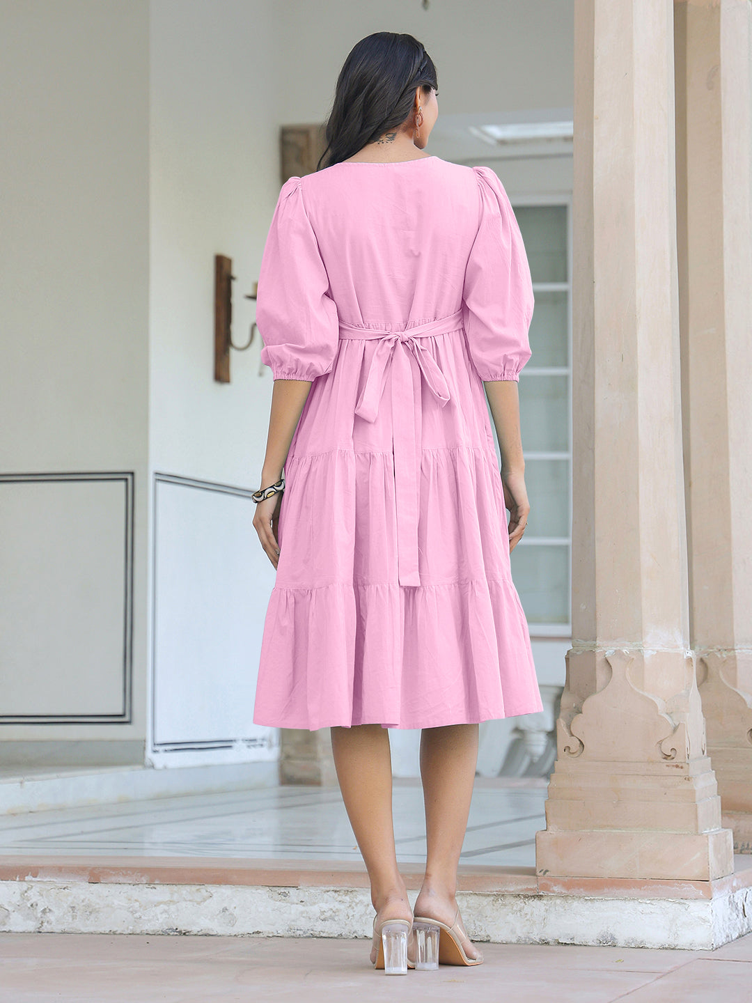 Janasya Bright Cotton Solid Tiered Dress 